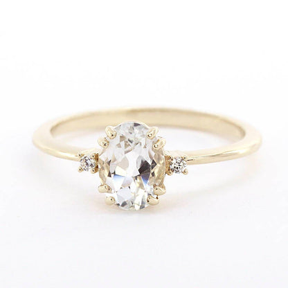 Oval engagement ring, three stone white topaz and diamond simple ring - NOOI JEWELRY