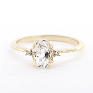 Oval engagement ring, three stone white topaz and diamond simple ring - NOOI JEWELRY