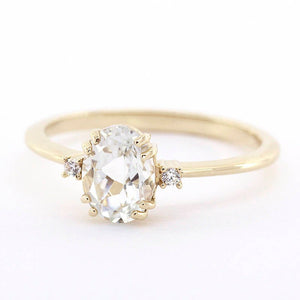 Oval engagement ring, three stone white topaz and diamond simple ring - NOOI JEWELRY