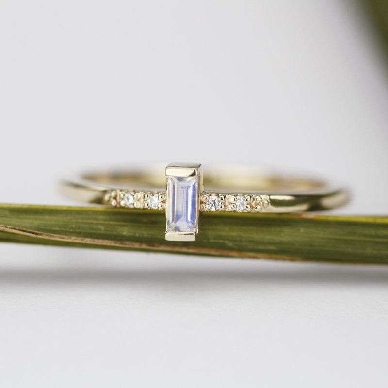 Baguette Ring, simple engagement ring, moonstone engagement ring, Staking Ring, Engagement Ring, diamond ring, cluster ring, minimalist ring - NOOI JEWELRY
