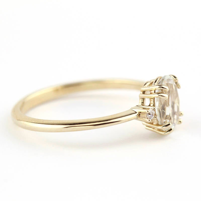 Oval engagement ring, three stone white topaz and diamond simple ring - NOOI JEWELRY
