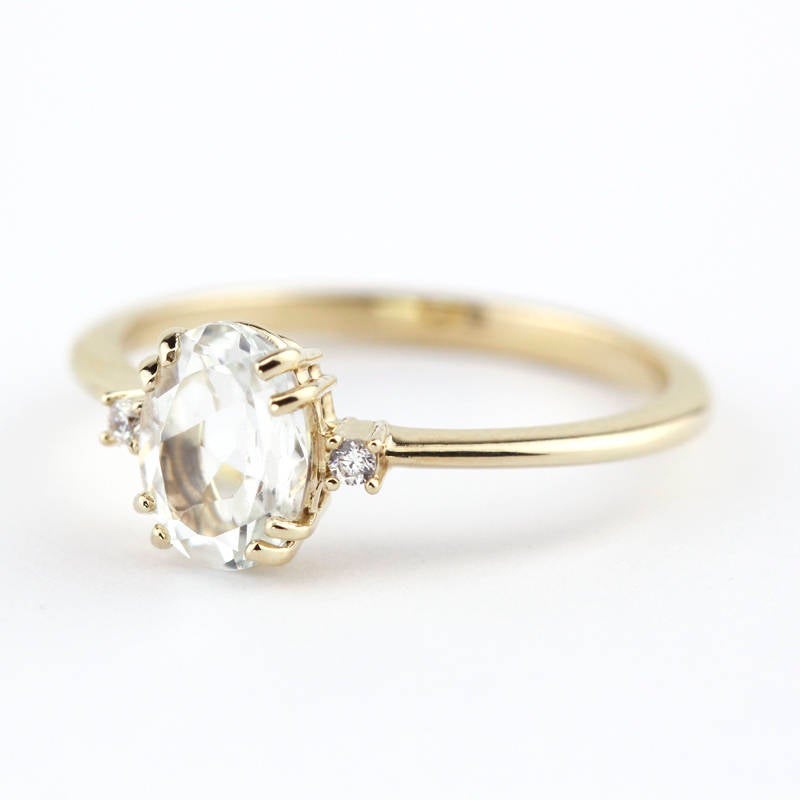Oval engagement ring, three stone white topaz and diamond simple ring - NOOI JEWELRY