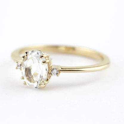 Oval engagement ring, three stone white topaz and diamond simple ring - NOOI JEWELRY
