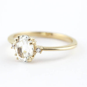 Oval engagement ring, three stone white topaz and diamond simple ring - NOOI JEWELRY