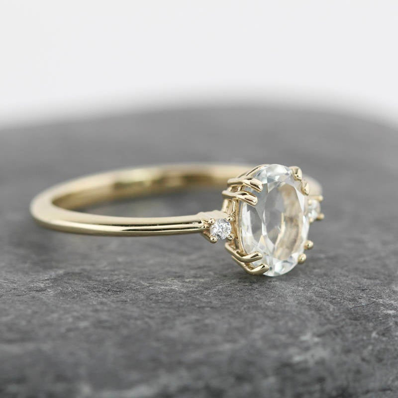 Oval engagement ring, three stone white topaz and diamond simple ring - NOOI JEWELRY