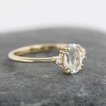Oval engagement ring, three stone white topaz and diamond simple ring - NOOI JEWELRY