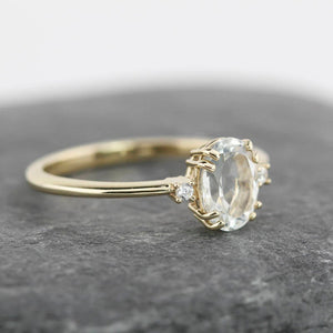 Oval engagement ring, three stone white topaz and diamond simple ring - NOOI JEWELRY