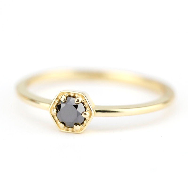 hexagon ring, black diamond ring, engagement ring, diamond ring, black diamond, gold ring, diamond engagement, promise ring, Delicate Ring - NOOI JEWELRY