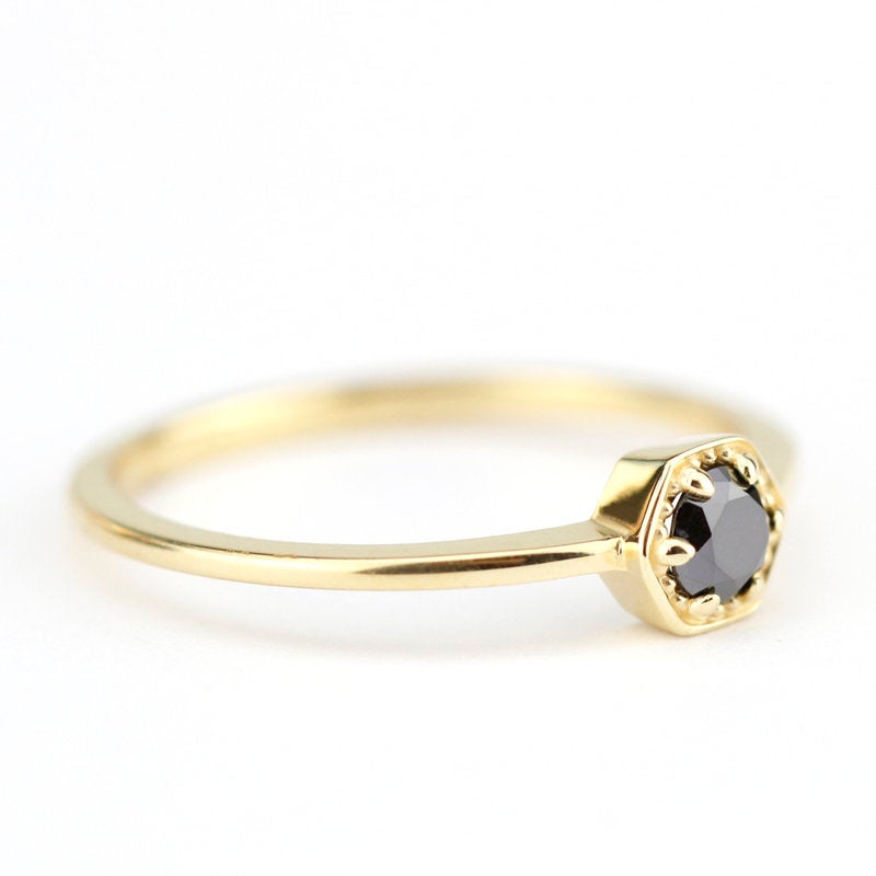 hexagon ring, black diamond ring, engagement ring, diamond ring, black diamond, gold ring, diamond engagement, promise ring, Delicate Ring - NOOI JEWELRY