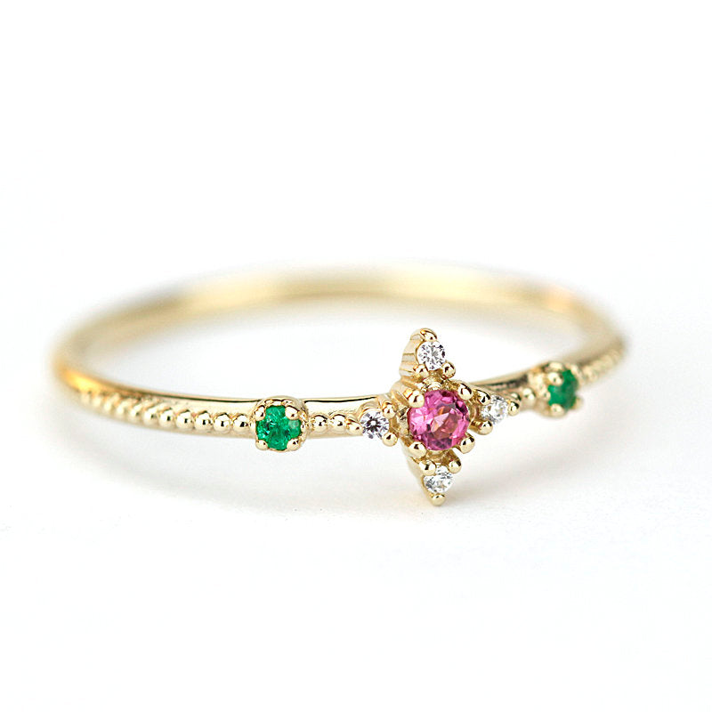 Multicoloured engagement ring, small cluster engagement ring - NOOI JEWELRY