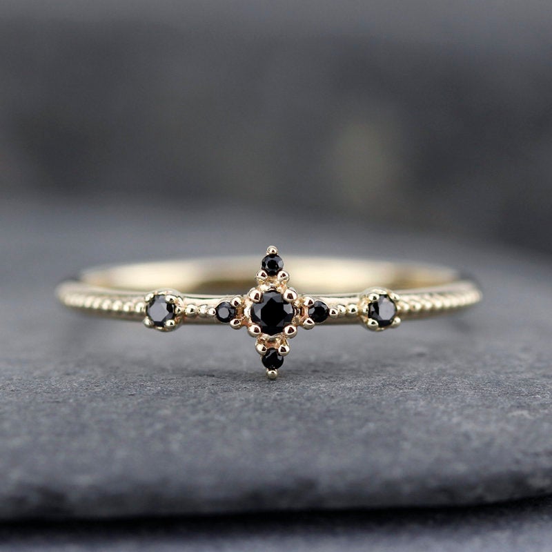 engagement ring, black diamond ring, cluster engagement ring, black diamond ring, delicate engagement ring, minimal, Simple, minimalist - NOOI JEWELRY