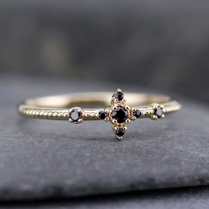 engagement ring, black diamond ring, cluster engagement ring, black diamond ring, delicate engagement ring, minimal, Simple, minimalist - NOOI JEWELRY