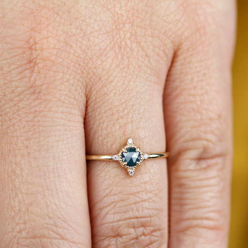 small cluster ring rustic blue diamond engagement ring, minimalist engagement ring 18k yellow gold - NOOI JEWELRY