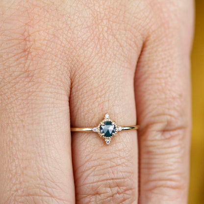 small cluster ring rustic blue diamond engagement ring, minimalist engagement ring 18k yellow gold - NOOI JEWELRY