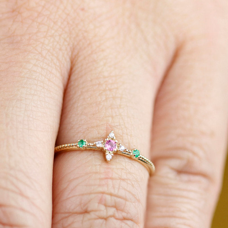 Multicoloured engagement ring, small cluster engagement ring - NOOI JEWELRY