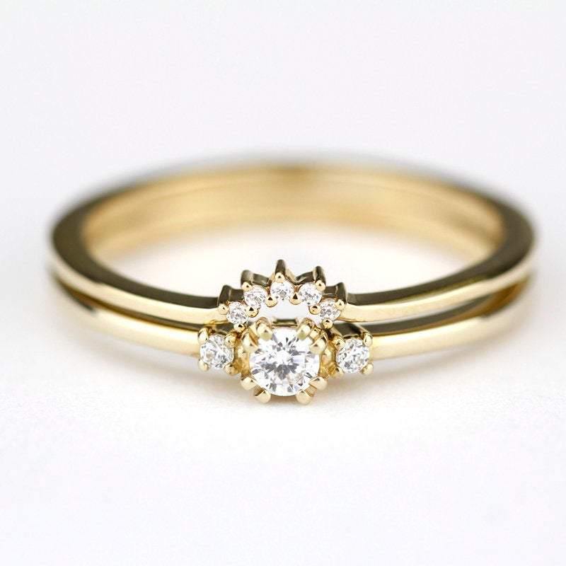 delicate engagement ring, unique engagement ring, diamond ring, minimalist ring diamond, minimal, diamond ring, cluster ring, curved band - NOOI JEWELRY