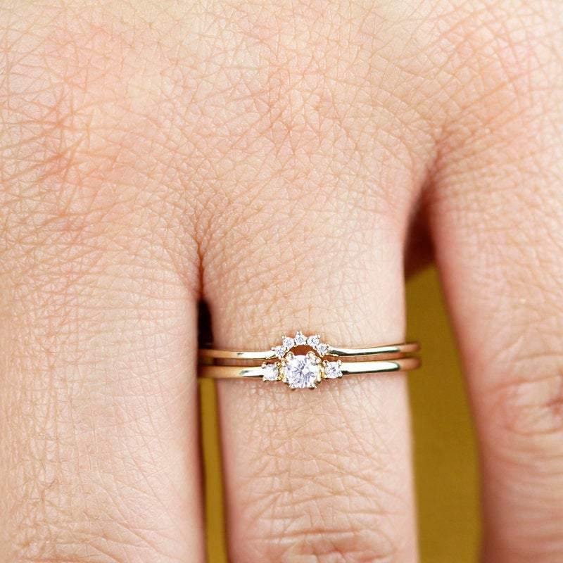 delicate engagement ring, unique engagement ring, diamond ring, minimalist ring diamond, minimal, diamond ring, cluster ring, curved band - NOOI JEWELRY