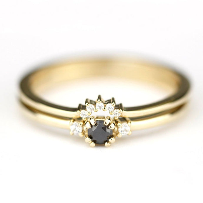 engagement ring black diamond, delicate engagement ring, unique engagement ring, minimalist ring diamond, minimal, diamond ring, curved band - NOOI JEWELRY
