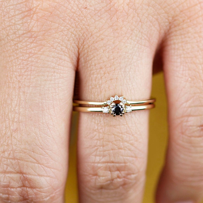 engagement ring black diamond, delicate engagement ring, unique engagement ring, minimalist ring diamond, minimal, diamond ring, curved band - NOOI JEWELRY