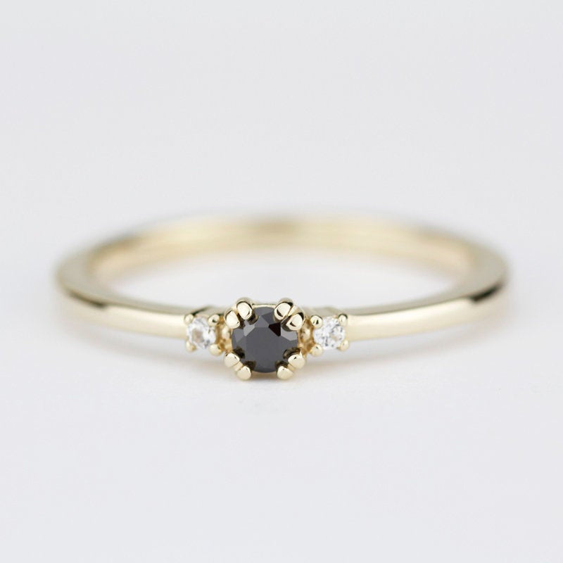 engagement ring black diamond, delicate engagement ring, unique engagement ring, minimalist ring diamond, minimal, diamond ring, curved band - NOOI JEWELRY