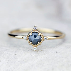 small cluster ring rustic blue diamond engagement ring, minimalist engagement ring 18k yellow gold - NOOI JEWELRY