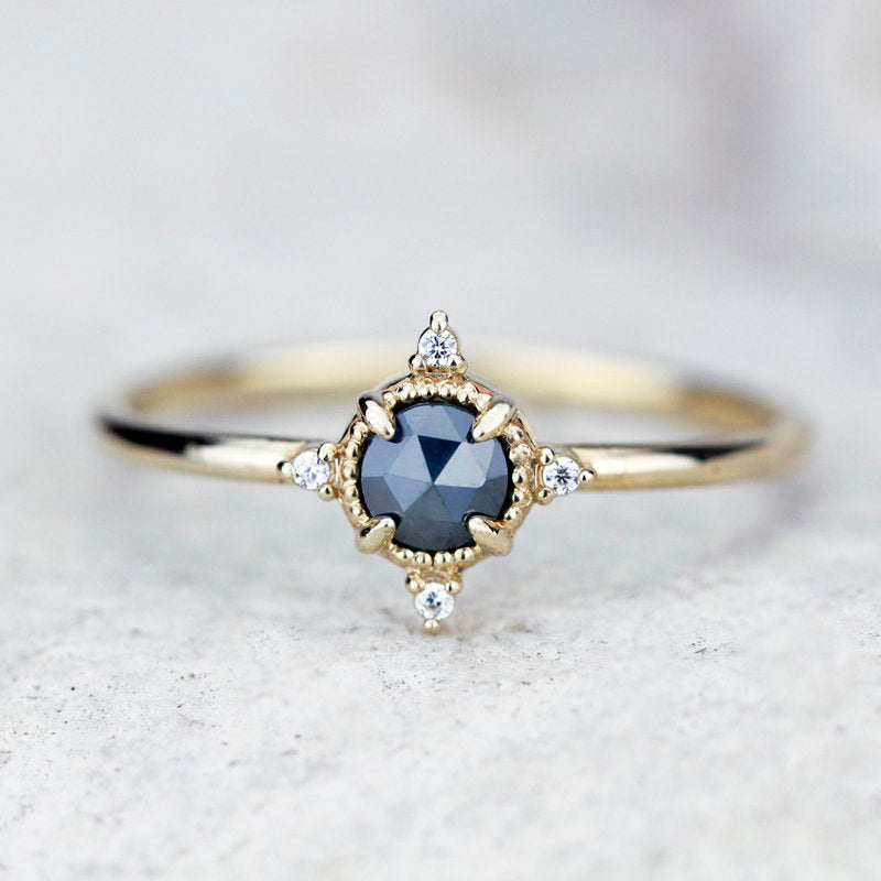 small cluster ring rustic blue diamond engagement ring, minimalist engagement ring 18k yellow gold - NOOI JEWELRY