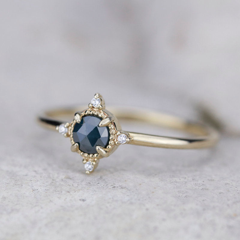 small cluster ring rustic blue diamond engagement ring, minimalist engagement ring 18k yellow gold - NOOI JEWELRY