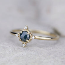 Load image into Gallery viewer, small cluster ring rustic blue diamond engagement ring, minimalist engagement ring 18k yellow gold - NOOI JEWELRY