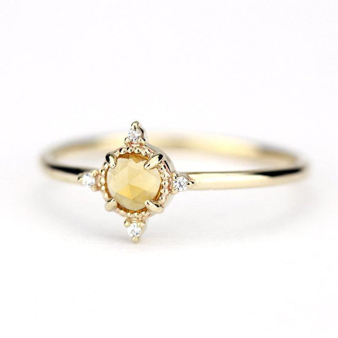 delicate engagement ring citrine and diamonds, rose cut citrine ring and diamonds - NOOI JEWELRY