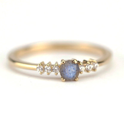 Round engagement ring with side stones unique, 4 mm Labradorite and diamond ring | R151LABRADORITE - NOOI JEWELRY