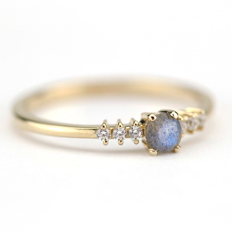 Round engagement ring with side stones unique, 4 mm Labradorite and diamond ring | R151LABRADORITE - NOOI JEWELRY