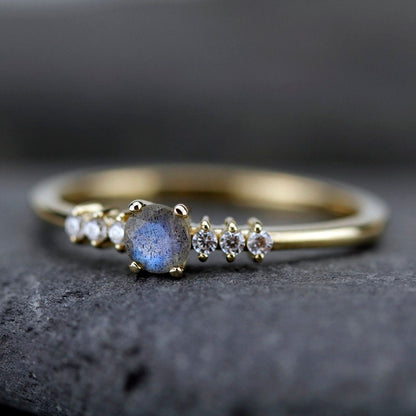 Round engagement ring with side stones unique, 4 mm Labradorite and diamond ring | R151LABRADORITE - NOOI JEWELRY