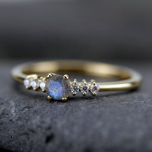 Round engagement ring with side stones unique, 4 mm Labradorite and diamond ring | R151LABRADORITE - NOOI JEWELRY