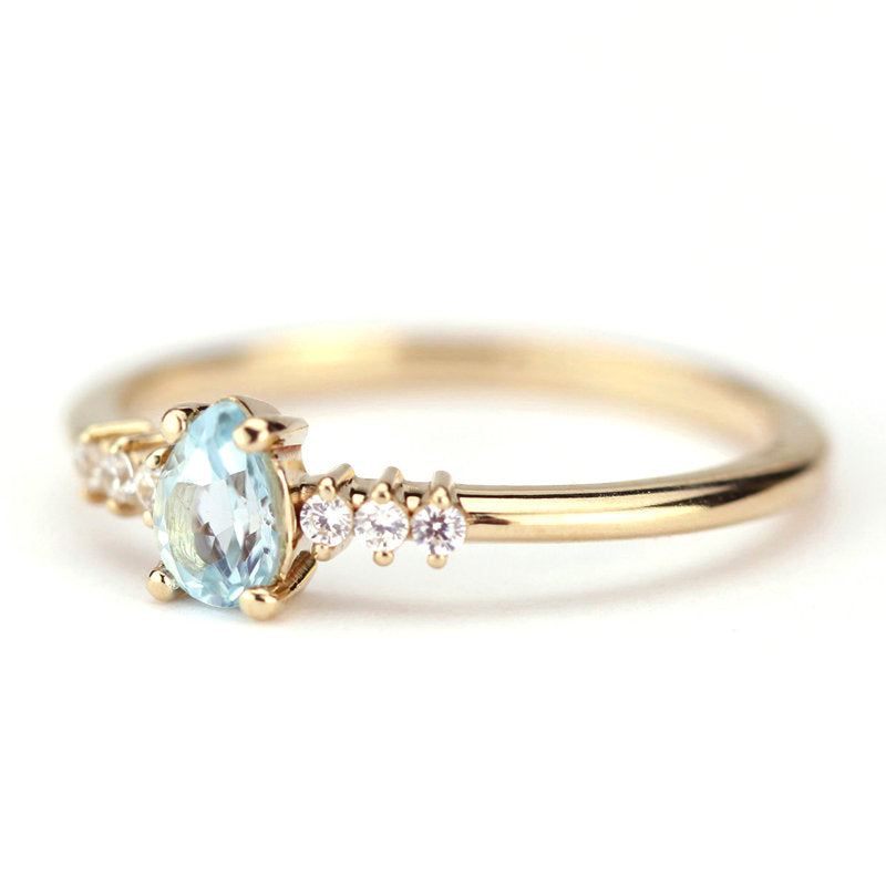 engagement ring blue topaz and diamond pear shaped tear drops - NOOI JEWELRY
