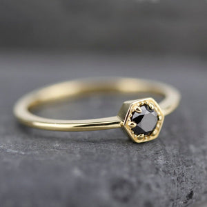 hexagon ring, black diamond ring, engagement ring, diamond ring, black diamond, gold ring, diamond engagement, promise ring, Delicate Ring - NOOI JEWELRY
