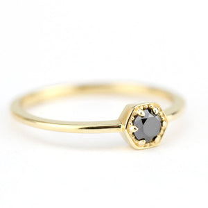 hexagon ring, black diamond ring, engagement ring, diamond ring, black diamond, gold ring, diamond engagement, promise ring, Delicate Ring - NOOI JEWELRY