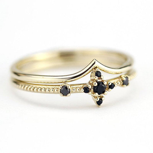 black diamond ring, wedding ring set, diamond ring, wedding ring, engagement ring, promise ring, wedding band, chevron band R 214 R 212 - NOOI JEWELRY