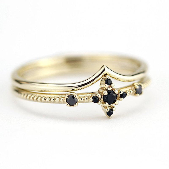 black diamond ring, wedding ring set, diamond ring, wedding ring, engagement ring, promise ring, wedding band, chevron band R 214 R 212 - NOOI JEWELRY