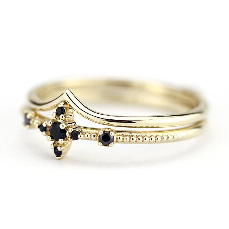black diamond ring, wedding ring set, diamond ring, wedding ring, engagement ring, promise ring, wedding band, chevron band R 214 R 212 - NOOI JEWELRY