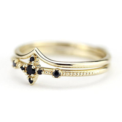 black diamond ring, wedding ring set, diamond ring, wedding ring, engagement ring, promise ring, wedding band, chevron band R 214 R 212 - NOOI JEWELRY