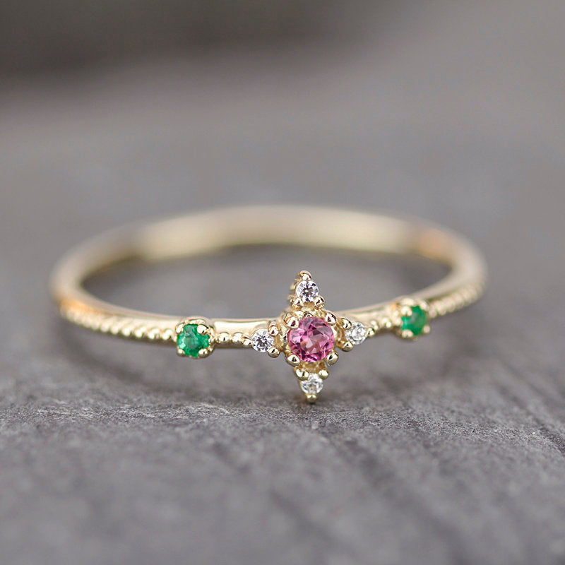 Multicoloured engagement ring, small cluster engagement ring - NOOI JEWELRY