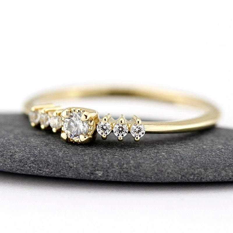 3 mm round diamond square setting simple | round engagement ring with side stones - NOOI JEWELRY