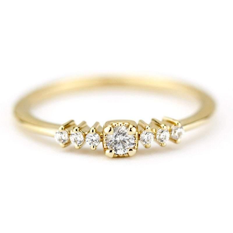 3 mm round diamond square setting simple | round engagement ring with side stones - NOOI JEWELRY