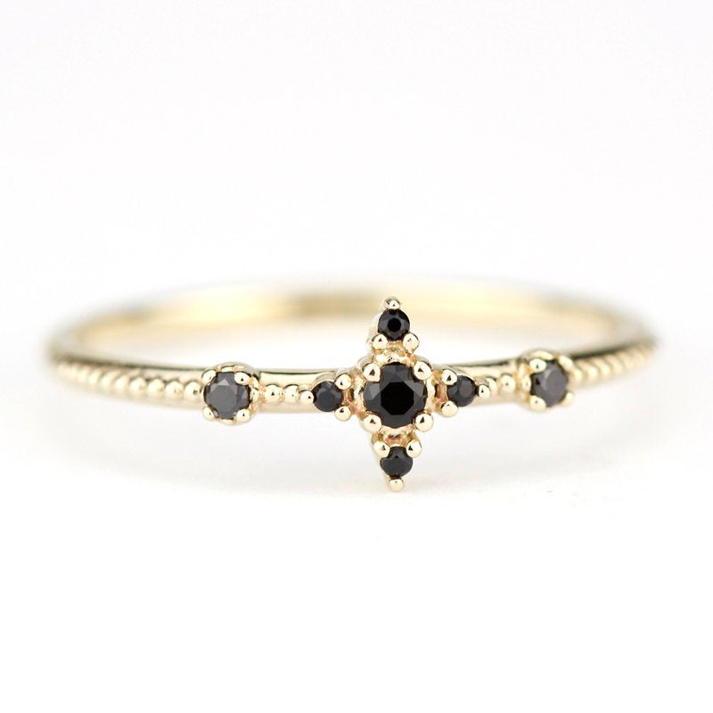 engagement ring, black diamond ring, cluster engagement ring, black diamond ring, delicate engagement ring, minimal, Simple, minimalist - NOOI JEWELRY