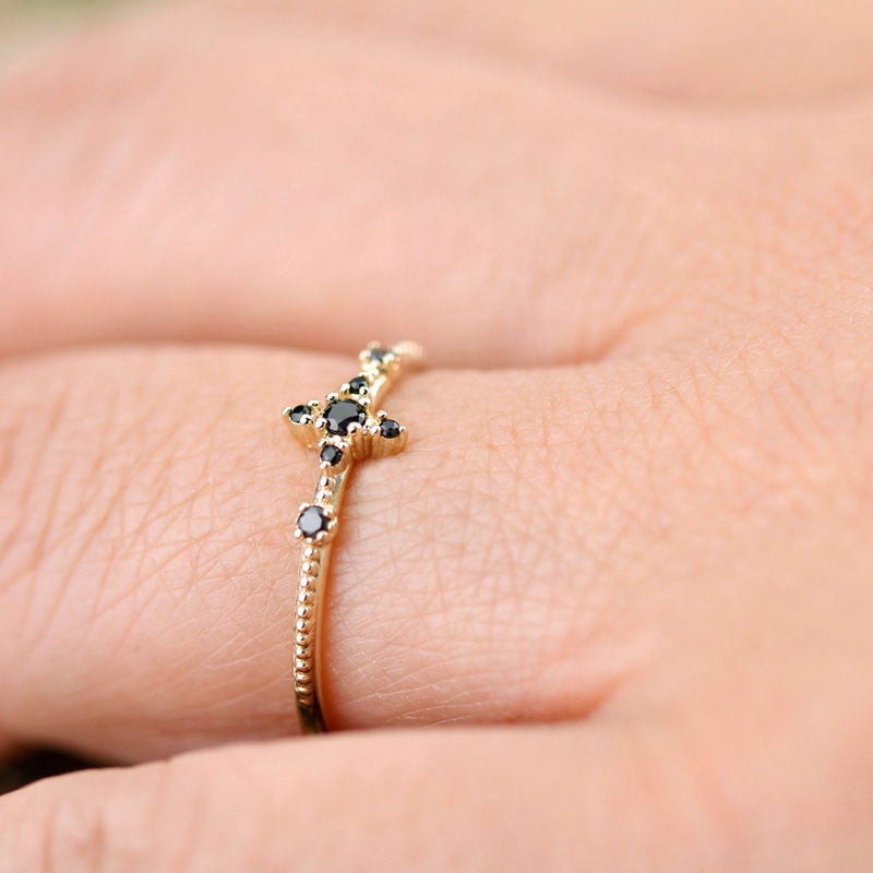 engagement ring, black diamond ring, cluster engagement ring, black diamond ring, delicate engagement ring, minimal, Simple, minimalist - NOOI JEWELRY