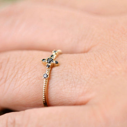 engagement ring, black diamond ring, cluster engagement ring, black diamond ring, delicate engagement ring, minimal, Simple, minimalist - NOOI JEWELRY