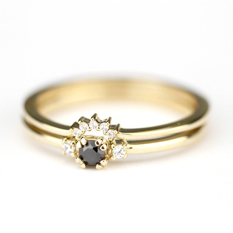 engagement ring black diamond, delicate engagement ring, unique engagement ring, minimalist ring diamond, minimal, diamond ring, curved band - NOOI JEWELRY