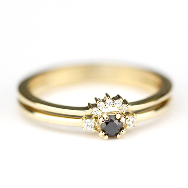 engagement ring black diamond, delicate engagement ring, unique engagement ring, minimalist ring diamond, minimal, diamond ring, curved band - NOOI JEWELRY