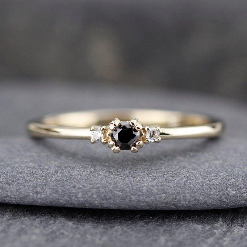 engagement ring black diamond, delicate engagement ring, unique engagement ring, minimalist ring diamond, minimal, diamond ring, curved band - NOOI JEWELRY
