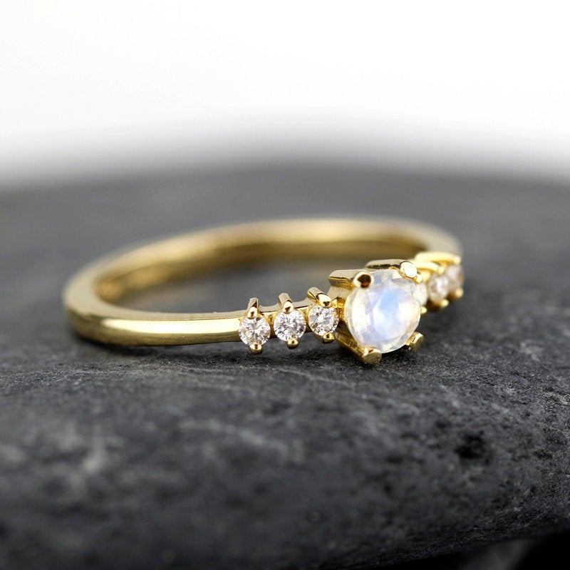engagement ring, minimalist engagement ring, moonstone engagement ring, dainty ring, simple diamond ring, delicate ring, minimal ring | R151MOON - NOOI JEWELRY